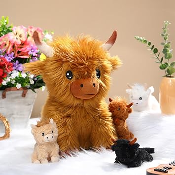 HyDren 5 Pcs Highland Cows Stuffed Animal Toy 13.78 Inch Mommy Highland Cow Plush with 4 Little Babies Soft Plush Toy Set for Kids Boys and Girls Birthday Party Favors(Sitting Style)