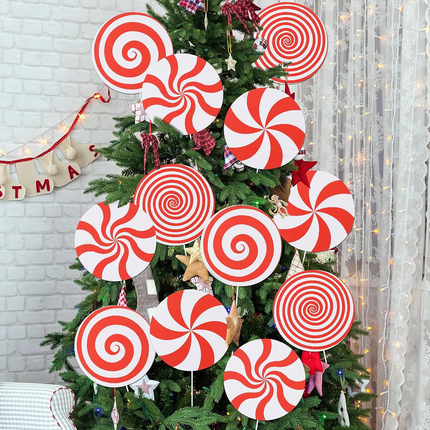 12Pcs Christmas Decorations Indoor Tree Picks Christmas Candy Lollipop Ornament Large Red White Peppermint Lollipop Xmas Picks for Xmas Tree Topper Home Office Holiday Party Vase Decor
