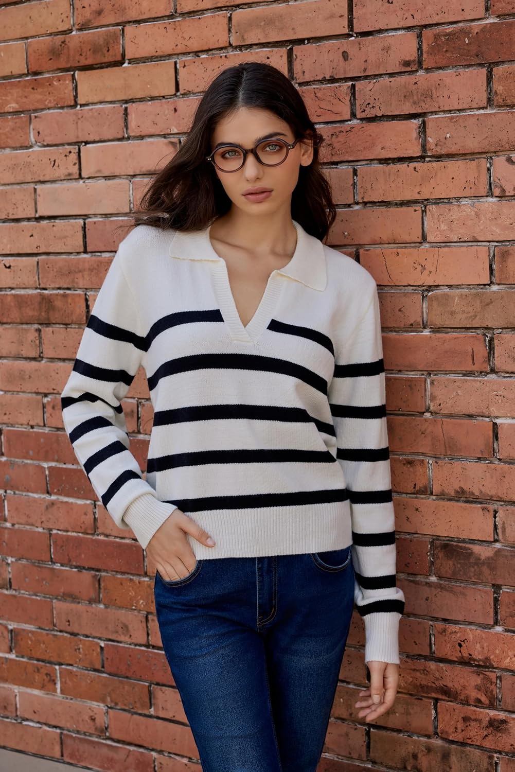 CIDER Women’s Polo Sweater Striped Collared Lightweight Long Sleeve V Neck Pullover Spring Sweater Tops 2026 - Image 5
