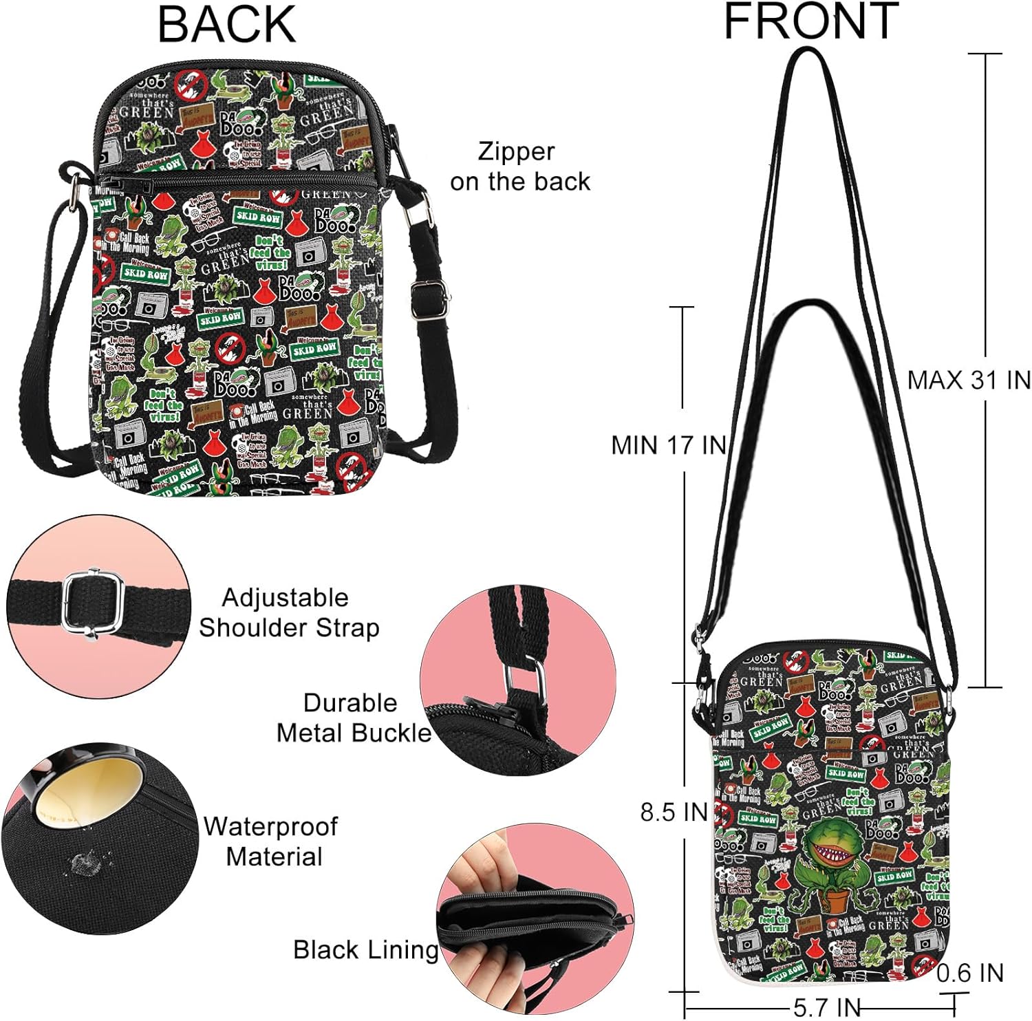 JNIAP Horror Movies Crossbody Bag Killer Plant Gift Don't Feed The Virus Gifts Mushnik's Flower Shop Shoulder Bag - Image 4