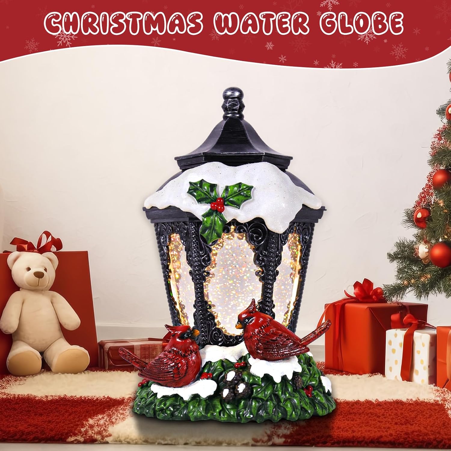 Christmas Snow Globe Lantern Cardinals Water Glittering Globe with 6H Timer Function Christmas Snow Globes 3 AA Battery Operated for Christmas Festival Decorations Gifts (Cardinals)