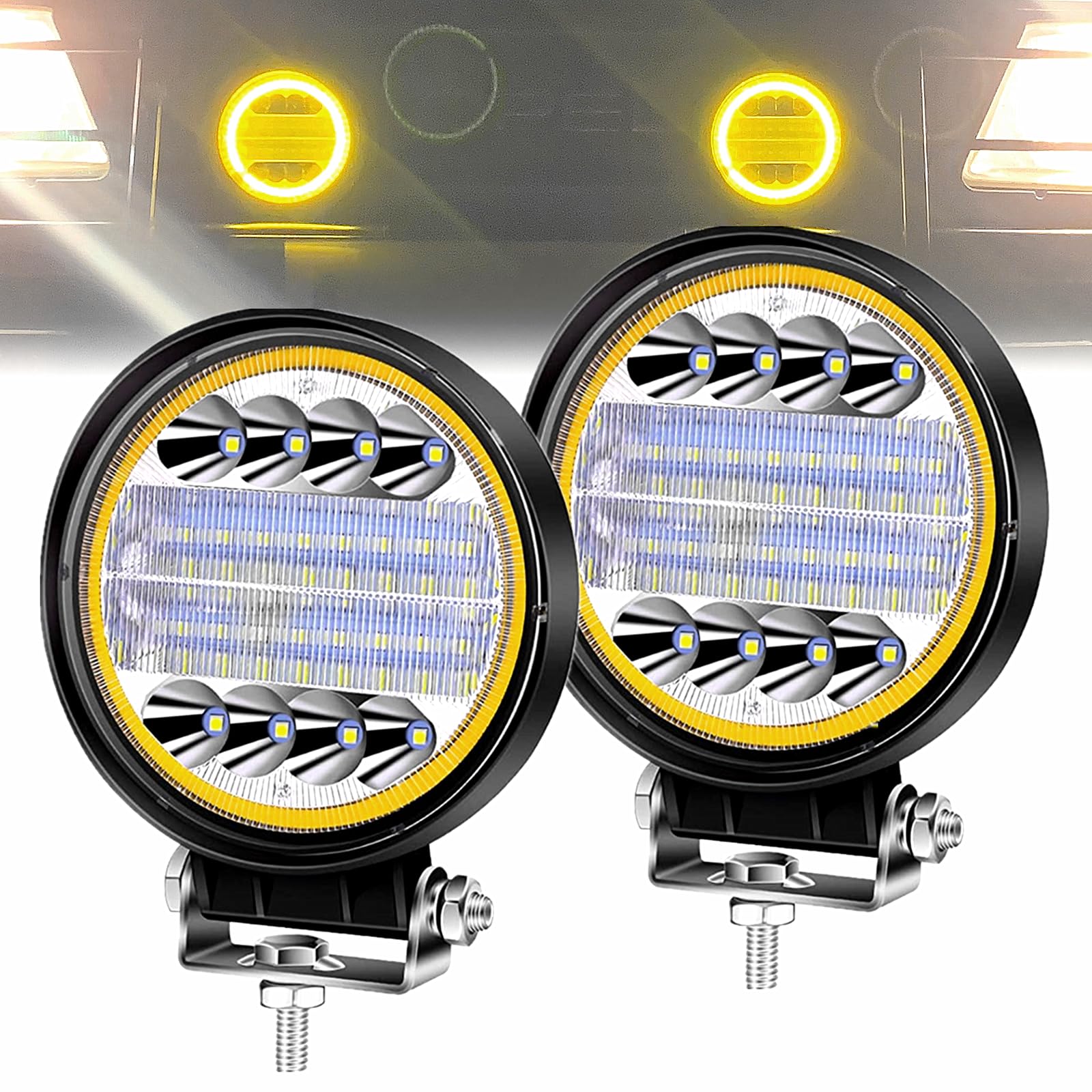 Fari LED Trattore con anello Ambra Halo, 4,5 pollice 96W 12000LM Rotonde Faretto LED 12V 24V Faro da Lavoro Fuoristrada IP67 per Trattore 4x4 SUV UTV ATV, 2 Pezzi