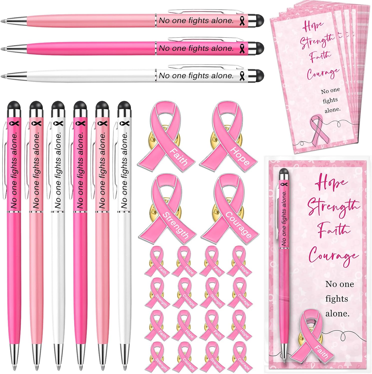 Janlaugh 100 Sets Breast Cancer Awareness Accessories 2 in 1 Pen with Stylus Tip Pink Ribbon Pin Breast Cancer Awareness Bulk Items Survivor Gifts Hope Cards Gift Bags Pink Ribbon Accessories