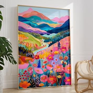 Colorful Mountain Wall Art Abstract Mountain Canvas Colorful Flower Floral Print Abstract Landscape Poster Funky Preppy Colorful Trendy Art Mountain Flower Wall Art for Bedroom 16x24inch No Frame