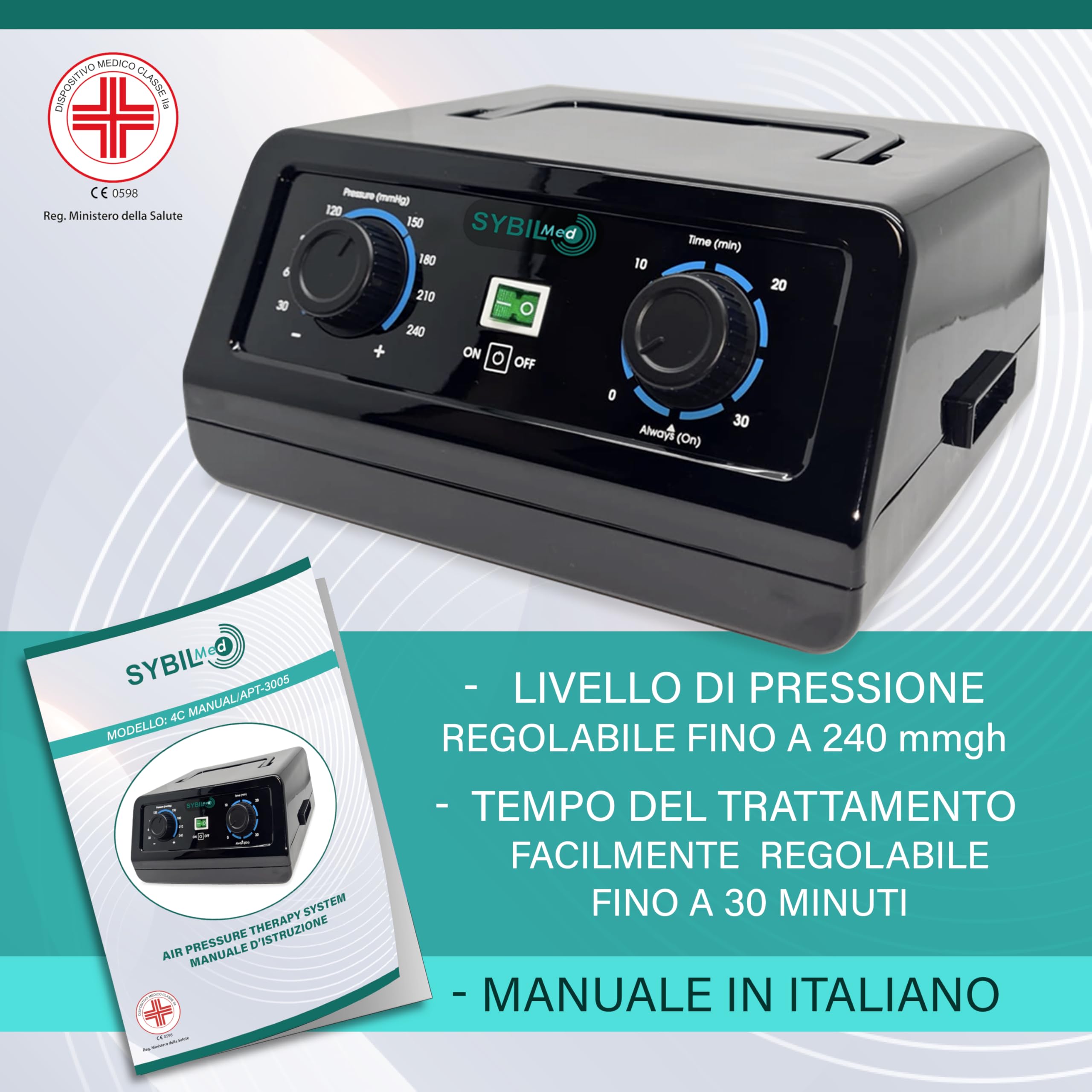 Air Power Pressoterapia Linfodrenaggio Professionale Manuale, Pressoterapia per Casa e Recupero Sportivo, 4 Camere D'aria con 2 Gambali e Fascia Addominale