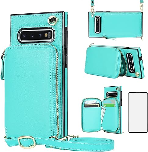 Asuwish Funda de teléfono para Samsung Galaxy S10 con protector de pantalla de vidrio templado y soporte para tarjetas con cremallera, soporte de