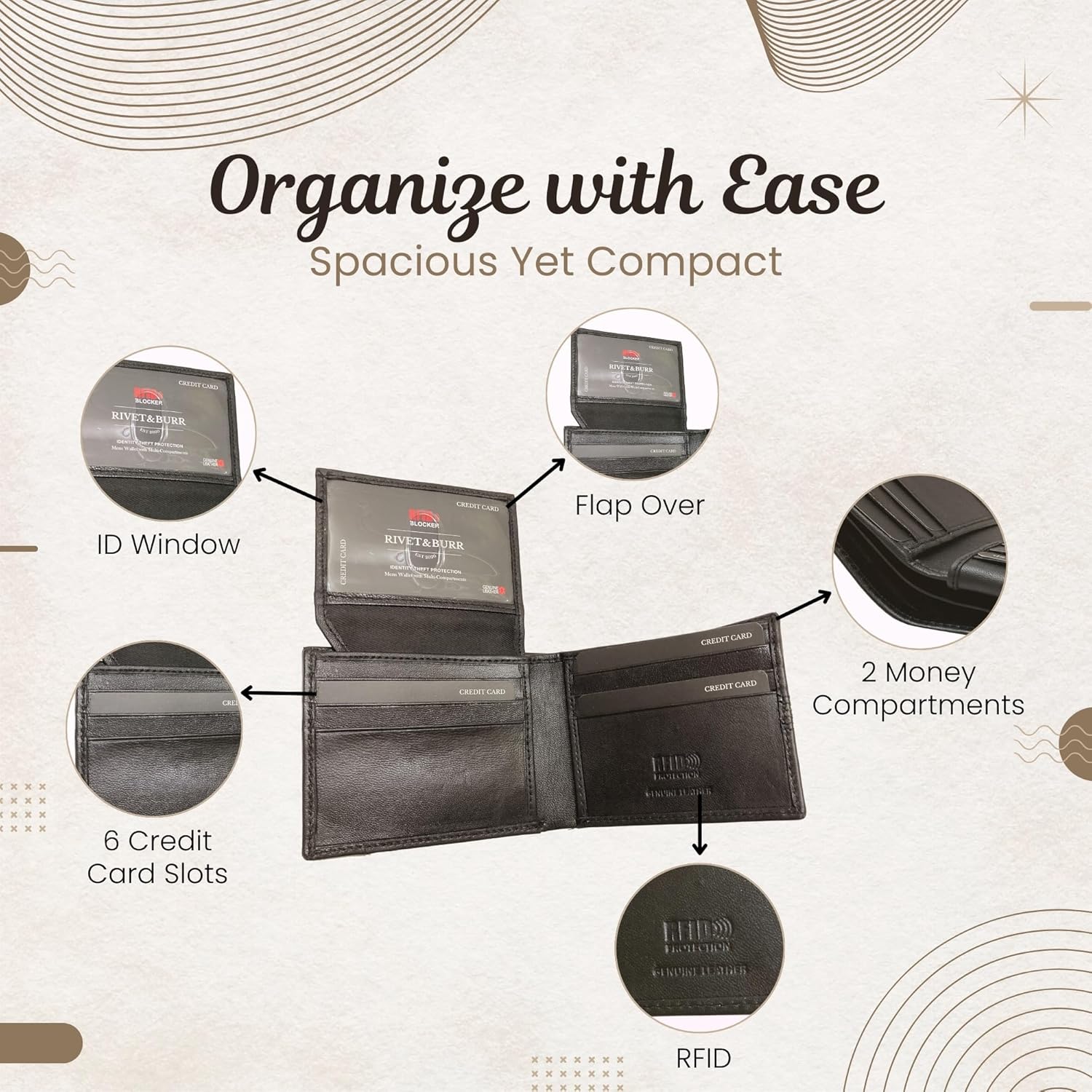 RIVET & BURR Genuine Leather Bifold Wallet for Men – RFID-Blocking Slim Wallet - Gift Box, Vanity Tray & Keychain with Textured Stripe Design & Metal Logo Badge - Image 3