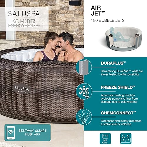 Miniatura 2 de Bestway SaluSpa St Moritz AirJet - Bañera de hidromasaje inflable redonda para 5 a 7 personas con 180 AirJets y cubierta de ahorro de energía