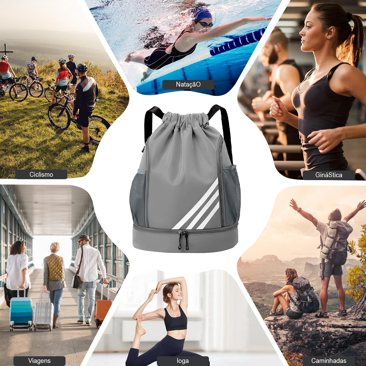 Mochila Esportiva com Cordão, Separação seca e húmida, Mochila de grande capacidade para viagens de lazer, Bolsos Laterais em Malha, Preto com Listras Mochila Esportiva com Cordão, Separação seca e húmida, Mochila de grande capacidade para viagens de lazer, Bolsos Laterais em Malha, Preto com Listras