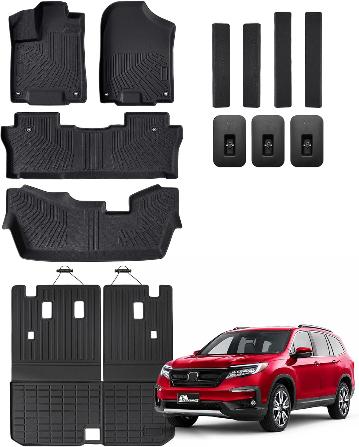 All Weather Floor Mats & Cargo Liner for Honda Pilot 2016-2022 (Only for 8 Seats), Full Set Custom Fit for Front Rear Row Mats Trunk Liner & Door Sill Guards, TPE Non-Slip Black Car Accessories