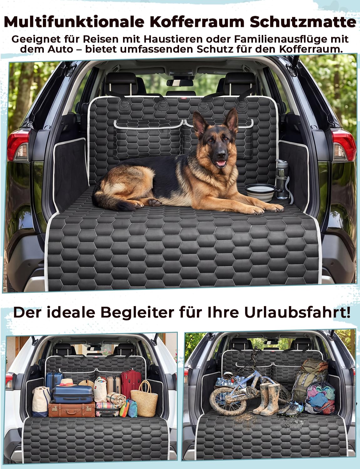 Oasser Kofferraumschutz Hund Kofferraum Schutzmatte 185x103cm Universal Auto 600D mit 2 Großen Taschen Seiten-und Ladekantenschutz Wasserdicht Kratzfest rutschfest Staubdicht für Limousinen und SUV