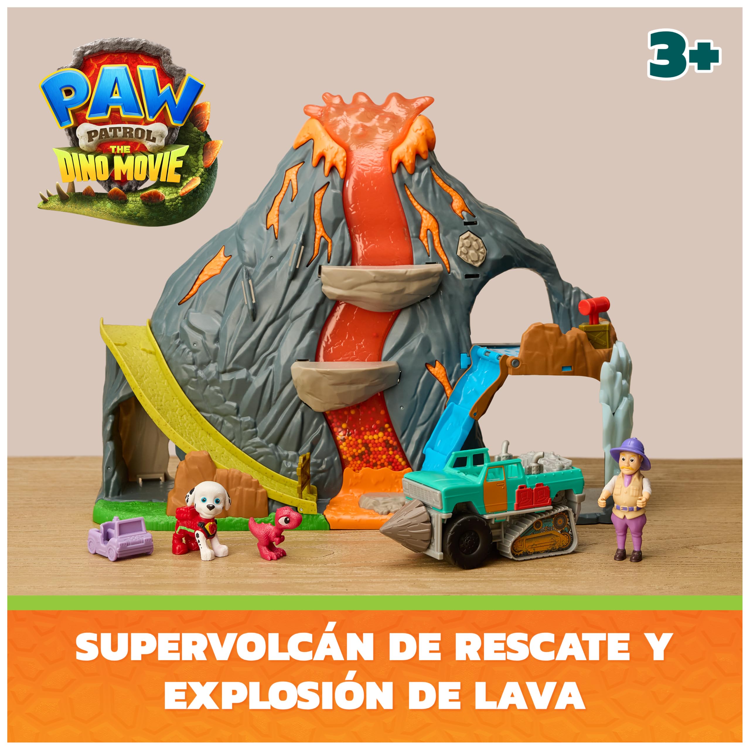Paw Patrol: The Dino Movie, Set de Juego Super Lava Blast Volcano con Luces y Sonidos, Figuras de acción de Marshall y Rhubarb, Juguetes para niños y niñas preescolares, a Partir de 3 años