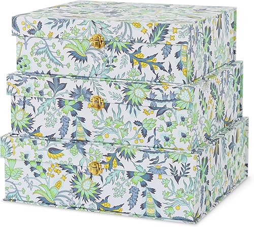 Soul & Lane Cajas de almacenamiento decorativas de cartón floral con herrajes dorados, juego de 3, jardín de medianoche, cajas apilables con tapas