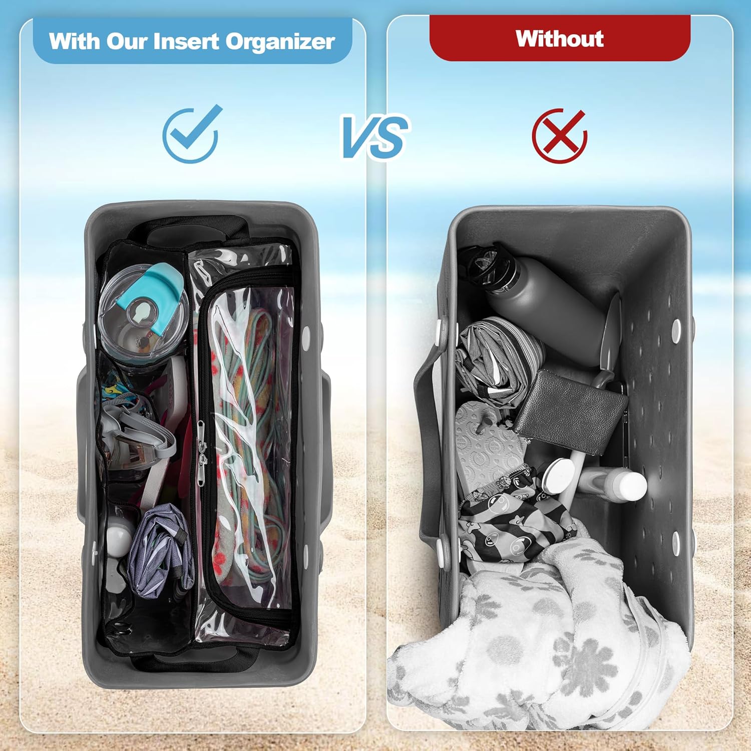 Rexmica Clear Beach Bag Organizer Insert Compatible with BOGG BAG Original X Large, Zipper Organizer Liner Compatible with BOGG BAG Original X Large, Insert Divider Pouch with 2 Compartments, Black