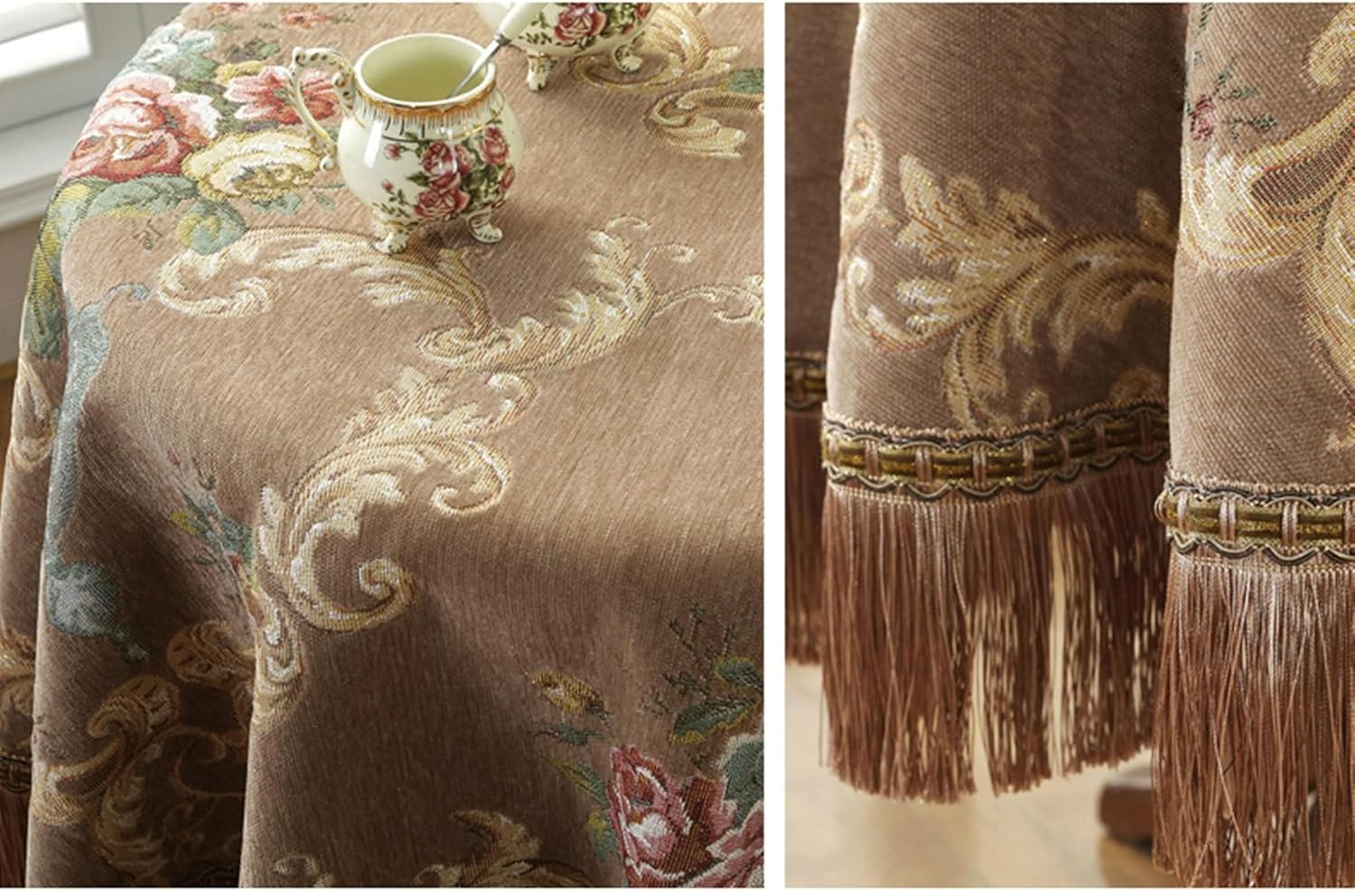 Table Cloth Covers Round 72 inch, Living Room Table Cloth Chenille Elegant Vintage Floral Jacquard with Tassels Table Cloth for Wedding