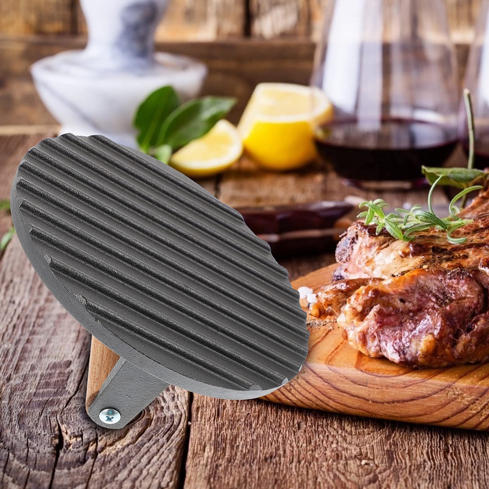 BERTY·PUYI Prensa de Carne de Acero Prensa de Parrilla Prensa de Hamburguesa de Barbacoa Trituradora con Mango de Madera Patty Maker Placa para Exprimir filetes Accesorios de Cocina