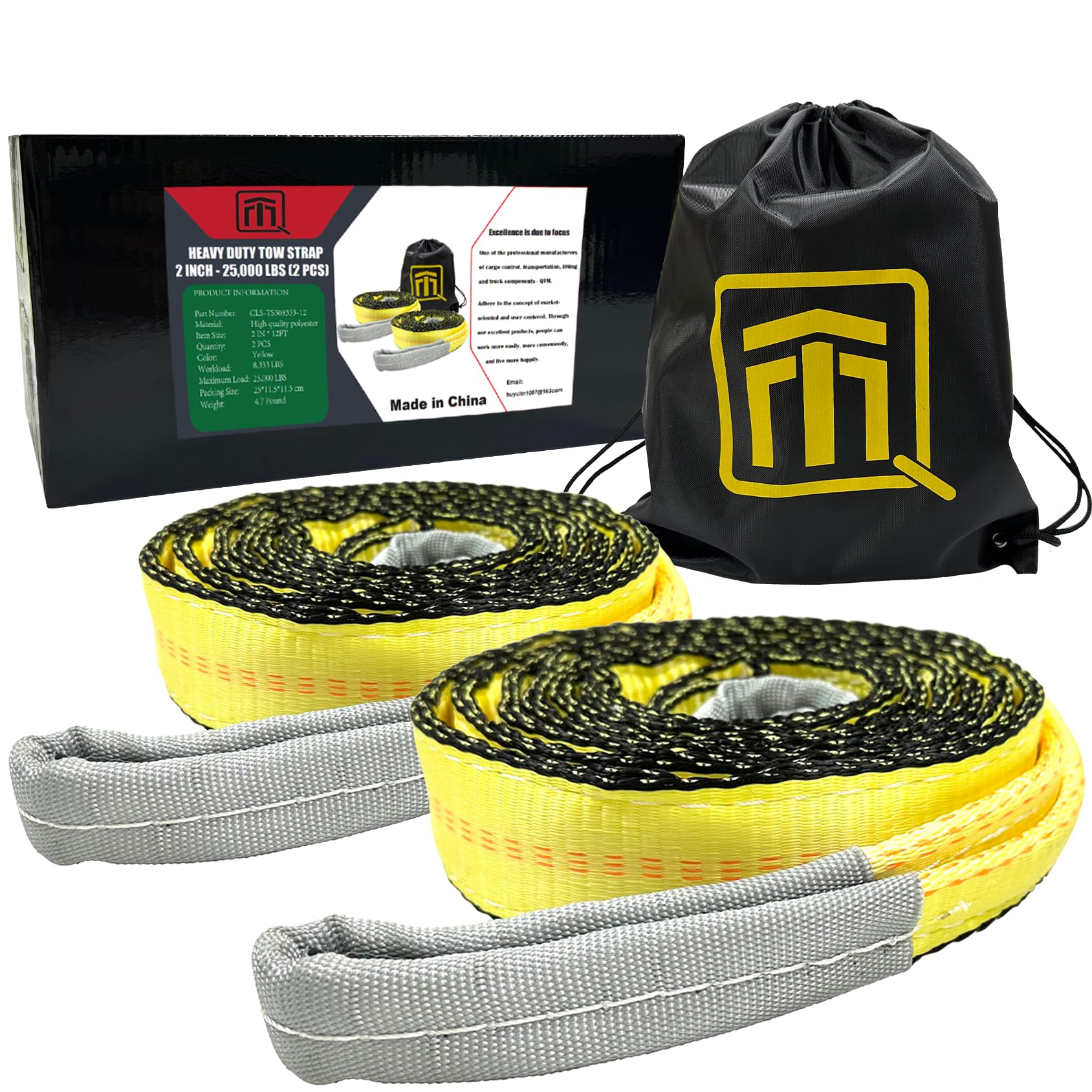 QTM 2 Pack 2 inchX12 feet Recovery Tow Strap Heavy Duty | 25,000LBS Max Break Strength with Loops and Drawstring Bag | Emergency Towing Rope for Pickup, Truck, Vehicles