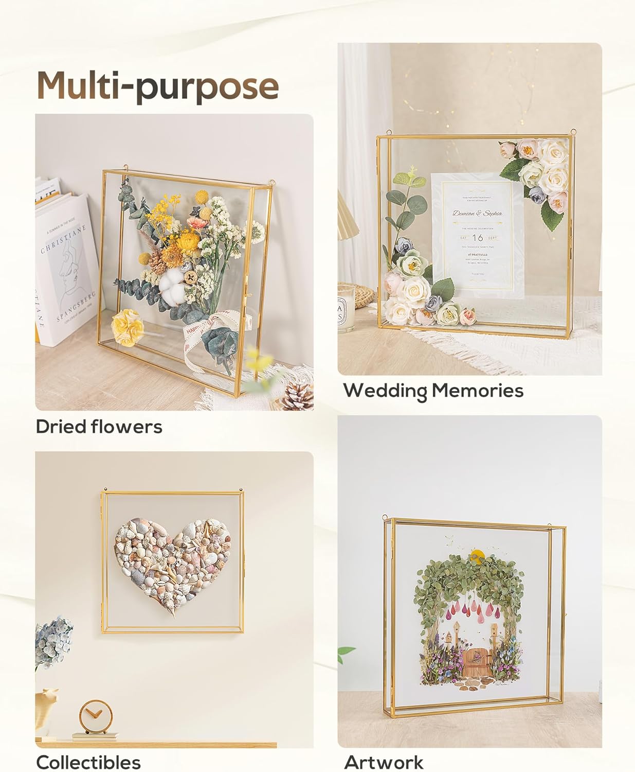 Large Shadow Box Frame 12x12, Glass Wedding Shadow Boxes Display Case, Deep 3D Picture Frame with Traceless Removable Adhesive for Wedding Bouque, Memories, Tickets and Photos