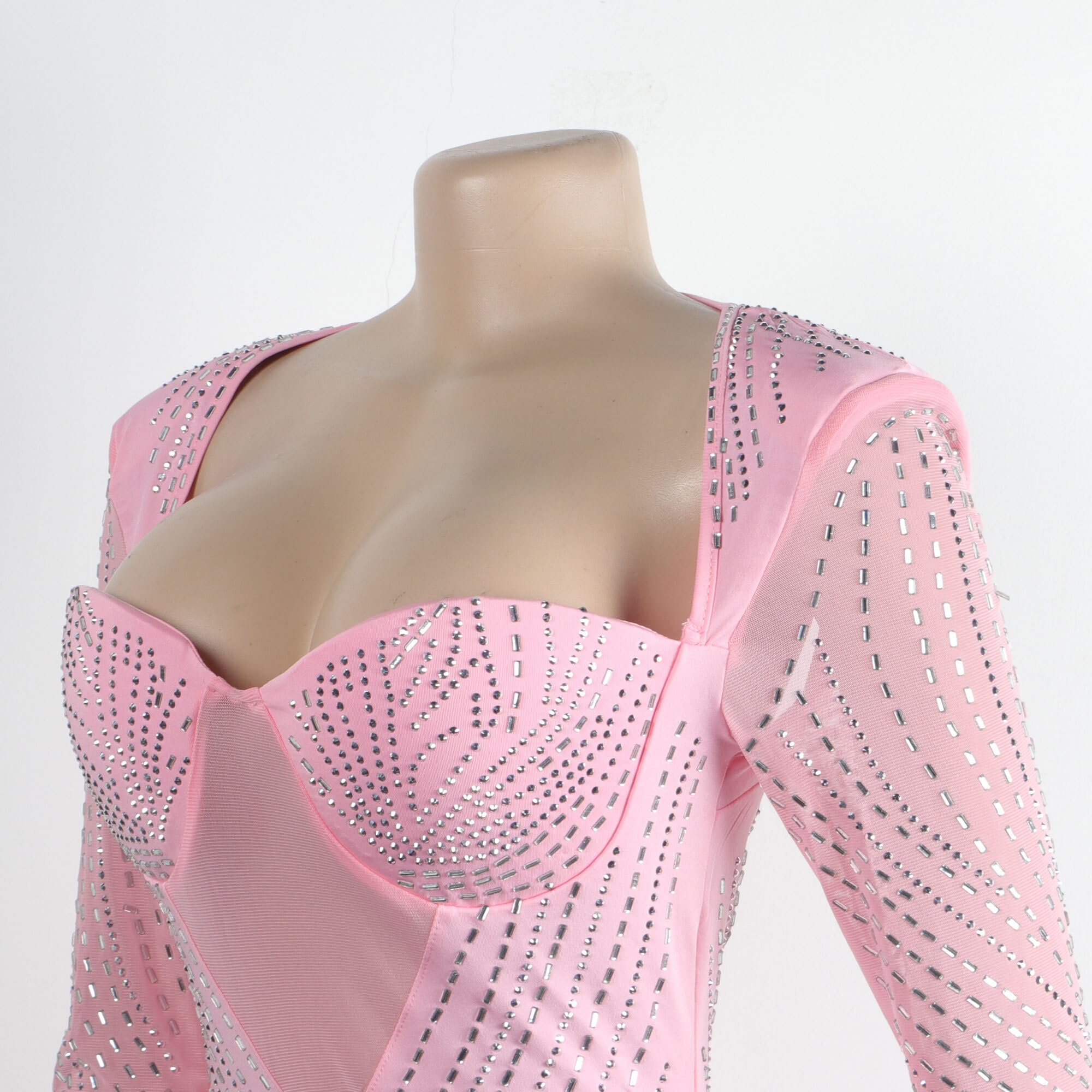 Jigfar Vestido sexy de malla transparente con diamantes de imitación para mujer, vestido ajustado para fiesta de cumpleaños, club nocturno, 1 rosa, XXXL