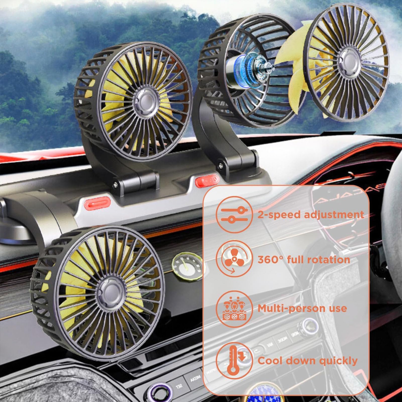 Ventilatore per auto, a tre teste per sedili posteriori, ventola di rotazione a 360°, ventilatore per sedile posteriore, ventilatore per auto da 12 V, ventola per auto con 2 velocità per auto, camion