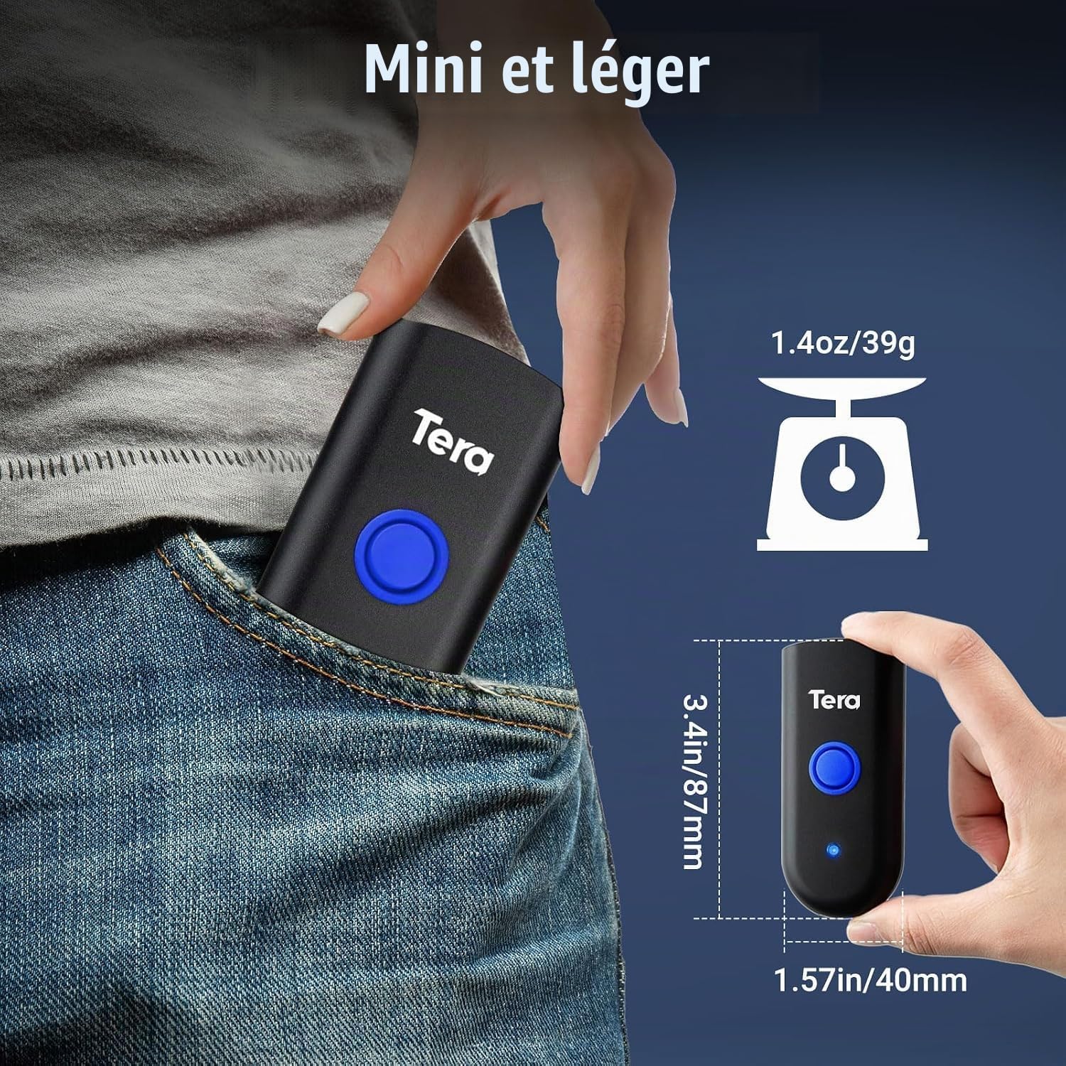 Tera Bluetooth Lecteurs de Code Barre sans Fil 2.4GHz USB (3-en-1) Portable 1D Douchette Scanner Laser Léger pour Smartphone Ecran Compatible avec iOS Android Windows Modèle 1100