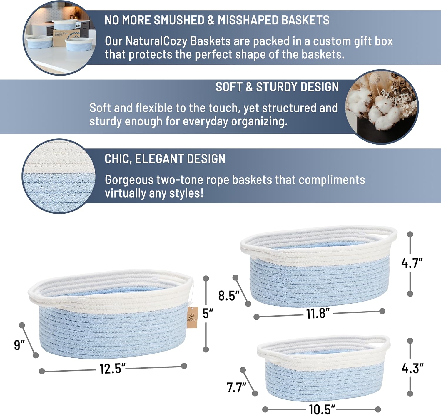 NaturalCozy 3-Piece Oval Storage Basket Set– Cotton Rope Woven Baskets for Storage, Gift Basket Empty, Toy Basket, Soft Baby Basket for Nursery, Cat Dog Toy Baskets, Small Basket (Off White & Blue) image 2