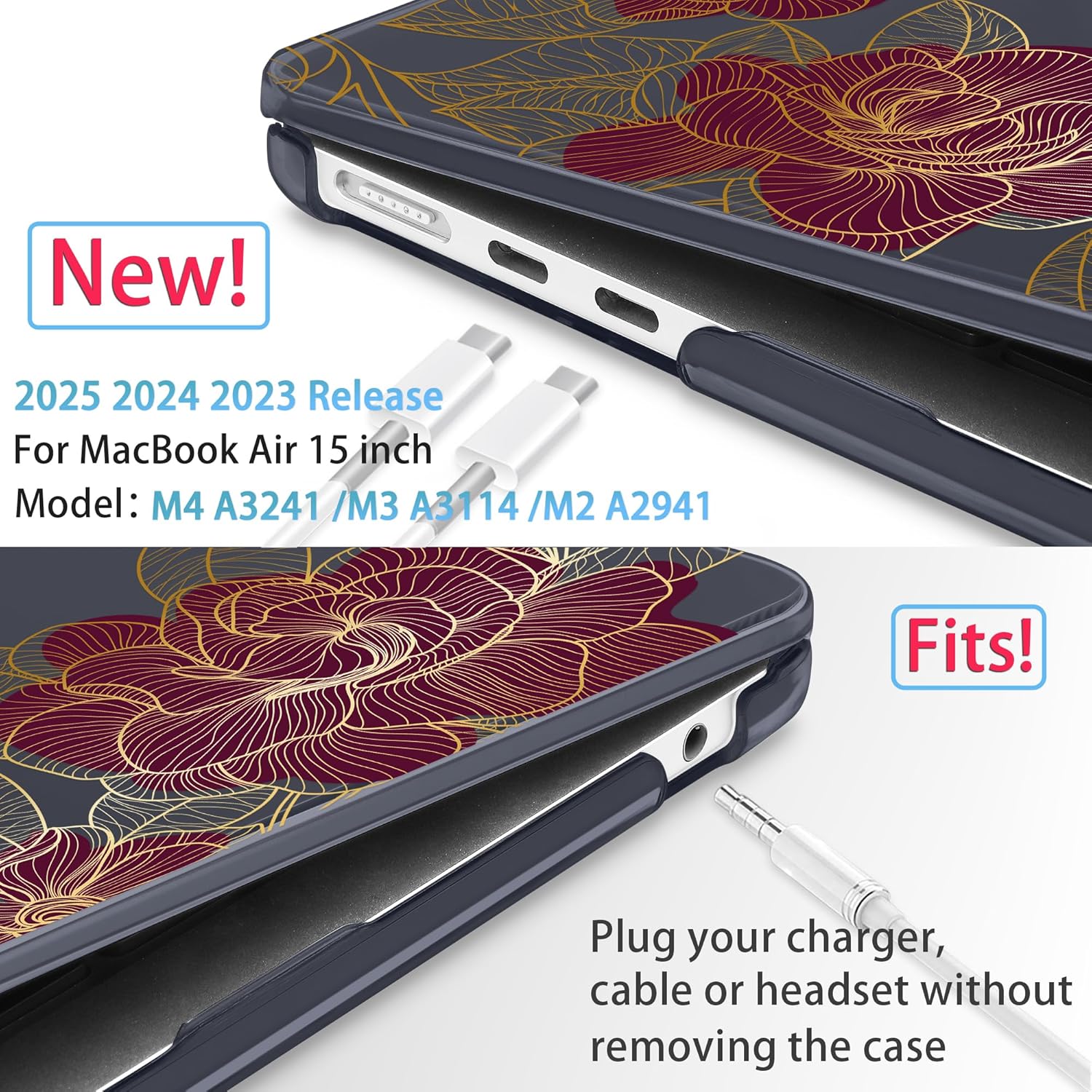 Mektron Designed for 2025/2024/2023 MacBook Air 15 INCH M4 A3241 /M3 A3114 /M2 A2941 Case, Printed Plastic Hard Shell Cover with 15.3" Liquid Retina Display Touch ID, Golden Rose - Image 2