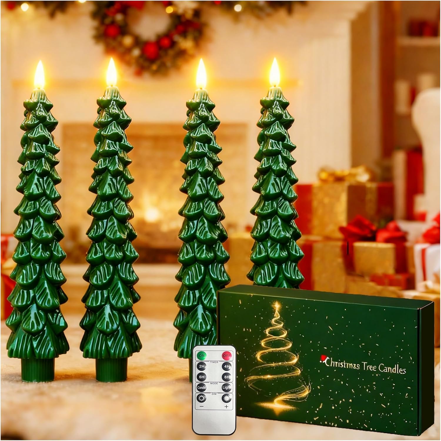 Christmas Tree Candles with Remote Timer, 1 Pcs 9.6" LED Flameless Taper Candles, Battery Operated Xmas Green Tree Shaped Candlesticks for Christmas Decorations Indoor