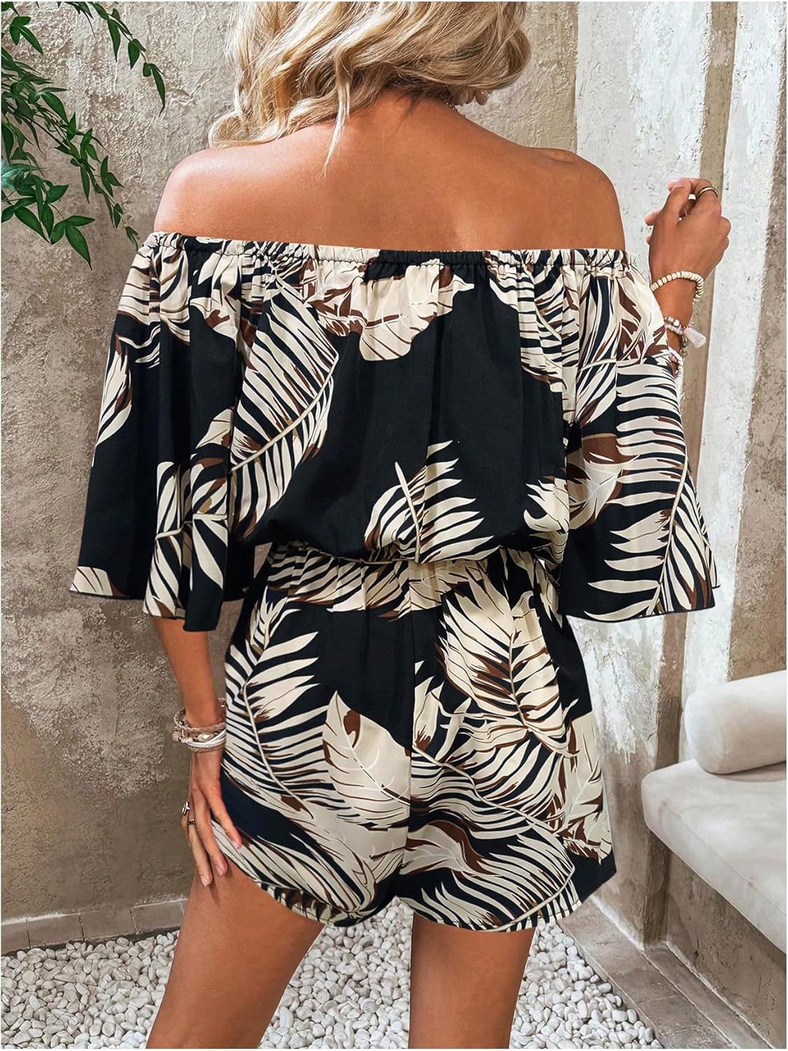 MakeMeChic Women's Summer Off Shoulder Rompers Tropical Print Half Sleeve Wide Leg Short Jumpsuit - Image 2