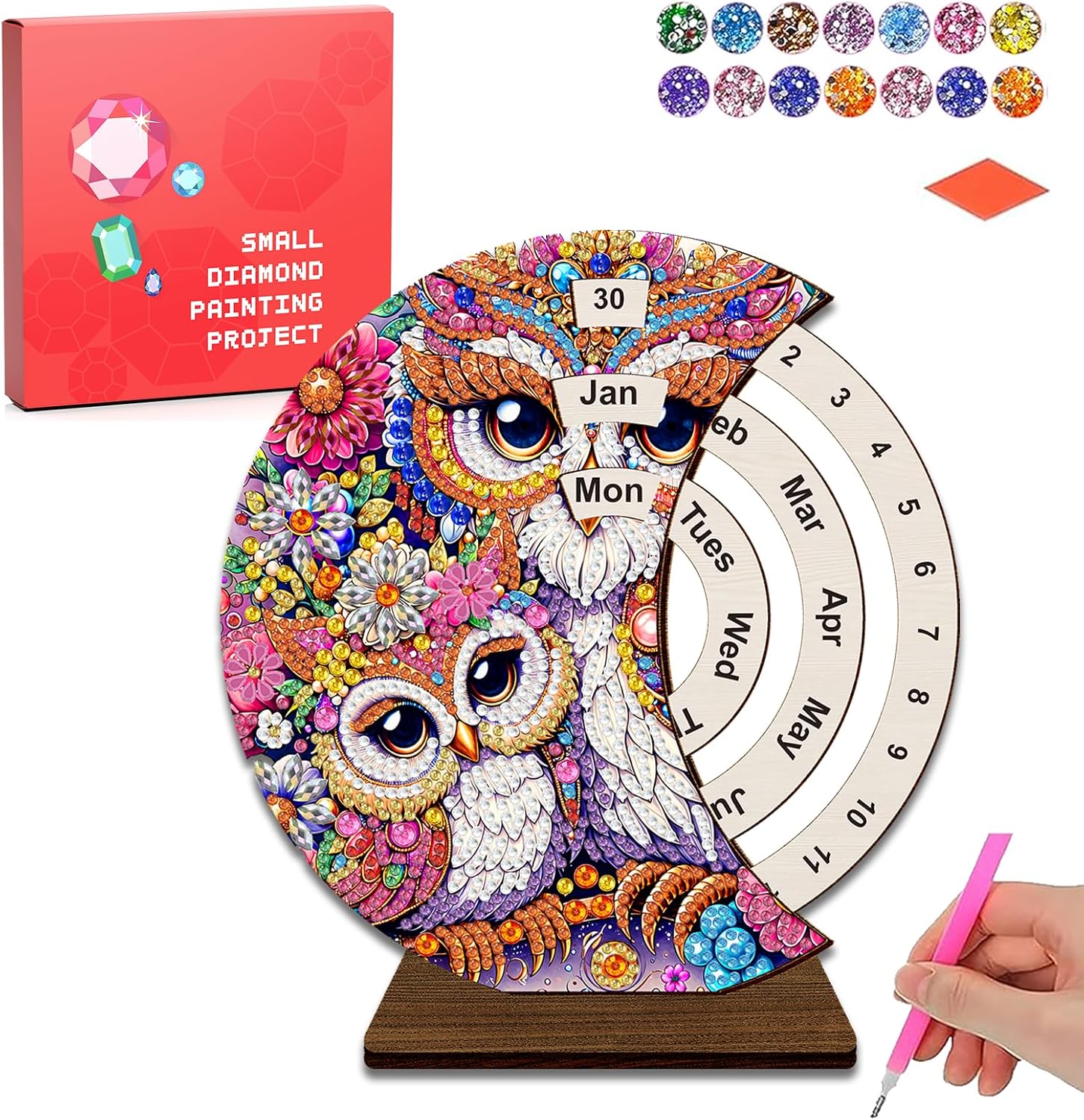 CharySim 3D Diamond Art Wooden Perpetual Calendar Kits for Adults Mother’s Day Gifts Painting Accessories Gem Tools Crystral dots Paint for Home Desktop Stand (Mandala&Owl&Sunflower 3)