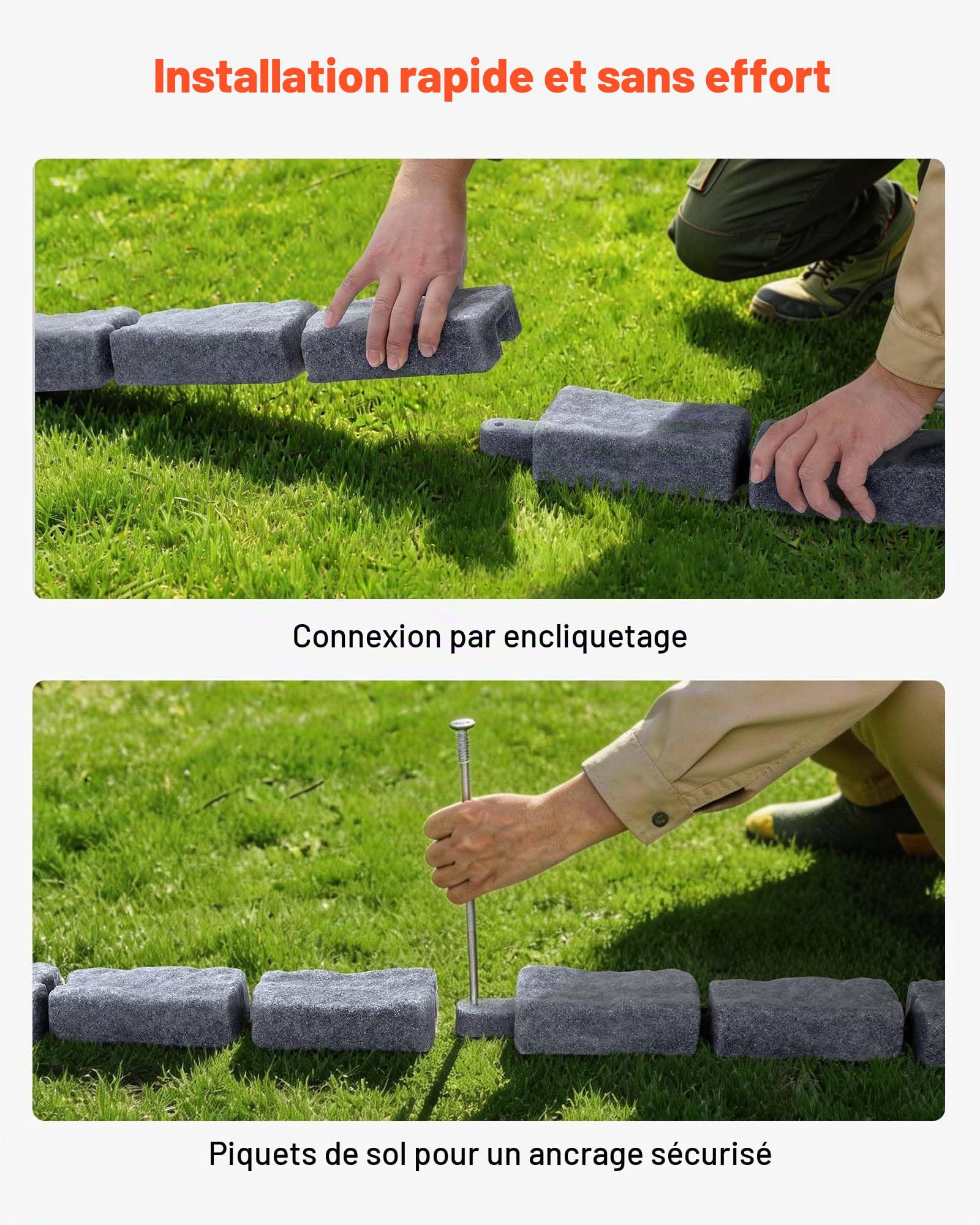 VEVOR Bordure de Jardin Imitation Pierre 4,7 m Bordure Parterre Aspect Pierre Plastique pour Pelouse Allée, Lot de 4, 6 Briques par Section 1180x95x57 mm, 12 Piquets, 1 Embout, sans Creuser, Gris Grès