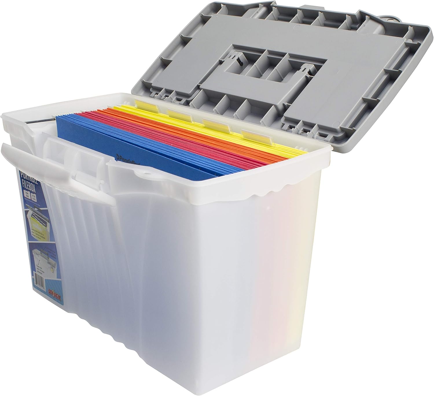 Storex Portable File Box with Organizer Lid, 17.13 x 9.63 x 11 Inches, Frosted/Silver (STX61511U01C)