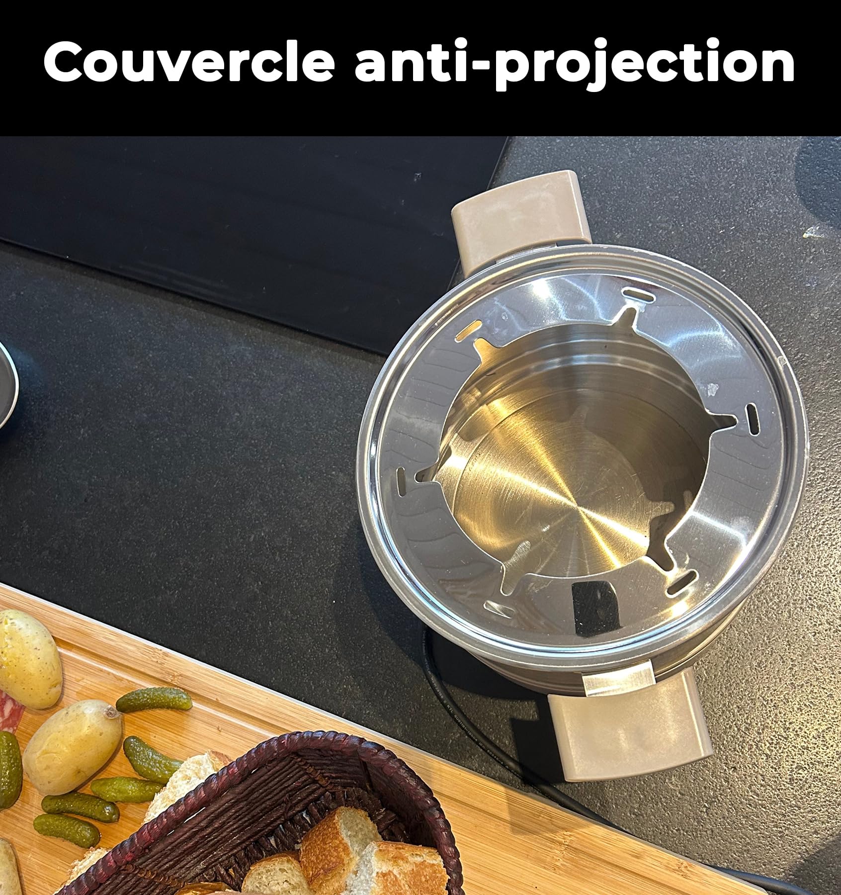 LITTLE BALANCE 8964 Little Fondue Meuuuh...!, Appareil à fondue 6 personnes, Caquelon inox, Compatible induction, 1,8 litres, 650 W, Muscade