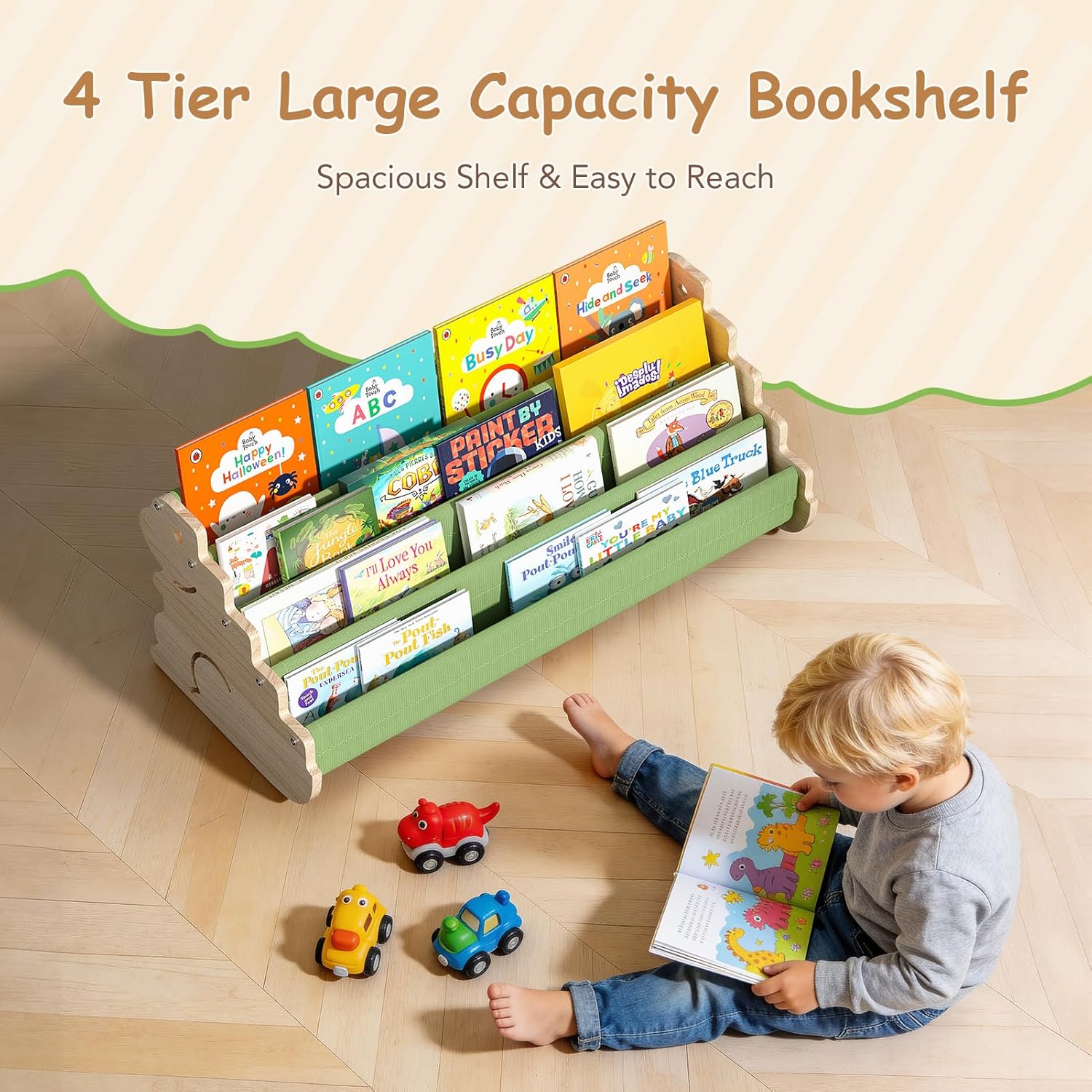 LAMU Kids Bookshelf, 4 Tier Solid Pine Wood Toddler Bookshelf, Book Shelf for Kids Rooms, Portable Montessori Bookcase, Childrens Book Storage Display for Baby's Bedroom Nursery Playroom (Dinosaur)