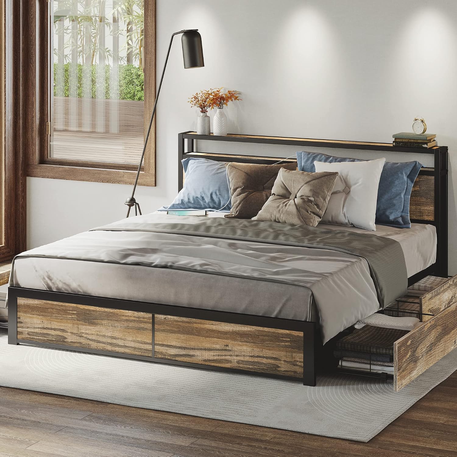 LIKIMIO Queen Bed Frame with Storage Drawer, 2-Tier Storage Headboard with Charging Station, No Box Spring Needed, Easy Assembly, Rustic Brown
