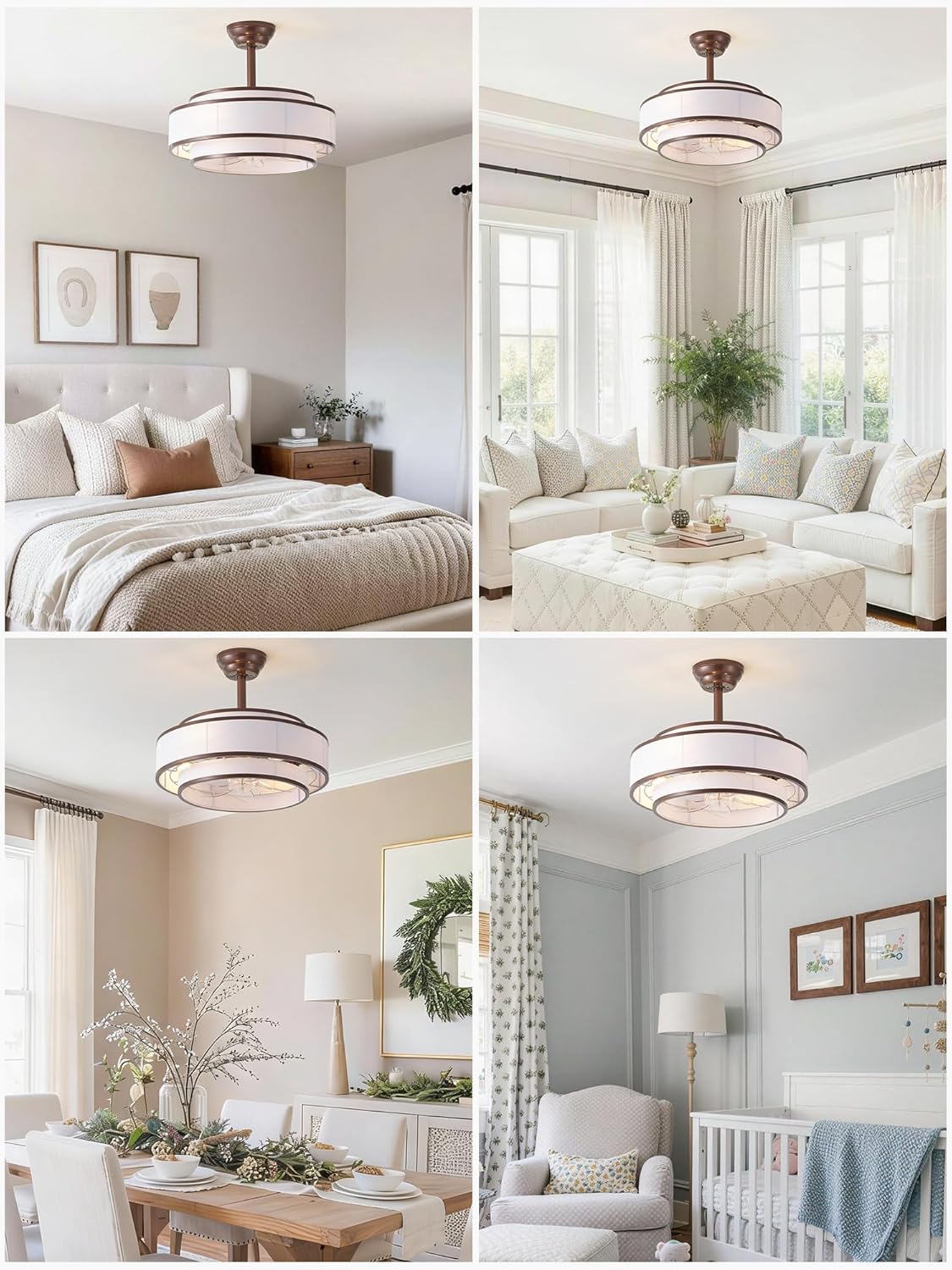 20" Caged Ceiling Fans with Lights and Remote, Fandelier Ceiling Fan with Light, Modern Bladeless Quiet Reversible Motor 6 Speeds for Bedroom, Nursery, Living Room, Brown