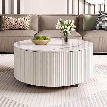 Modern Round Movable Coffee Table with Casters, 2 Drawers, Marble Pattern Sintered Stone Top, White, 29.5