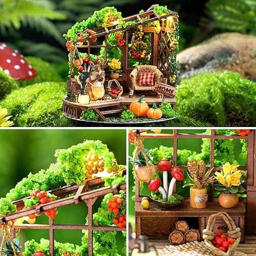 Miniatura 5 de SPILAY Kit de muebles de madera en miniatura, mini casa de muñecas hecha a mano con cubierta antipolvo y LED, escala 124, juguetes creativos de