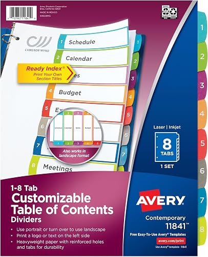 Avery 8-Tab Dividers for a 3 Ring Binders, Customizable Table of Contents, Multicolor Tabs, 1 Set (11841), 8-1/2" x 11"