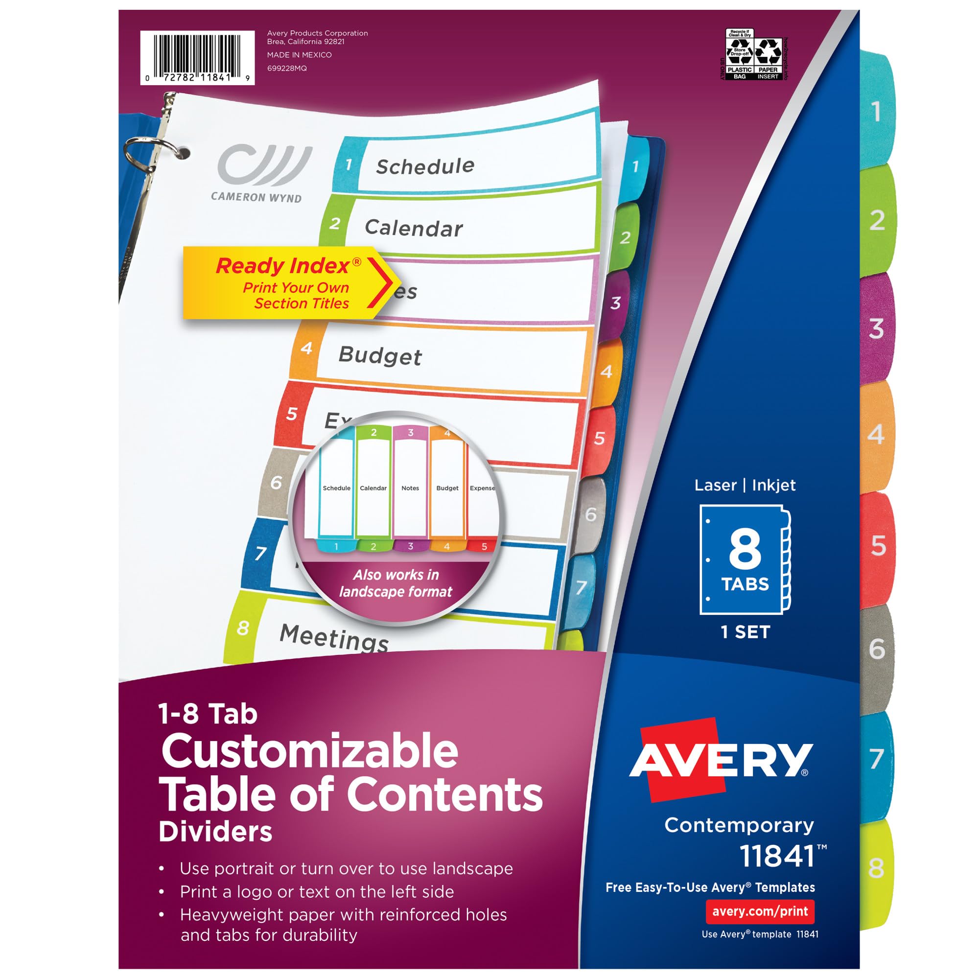 Avery® Table of Contents Dividers, 8-Tab, Multicolor, 1 Set