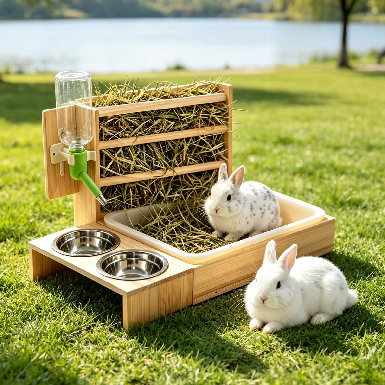 Kaninchen Heu Feeder mit 2 Näpfen, 4 in 1 Heuraufe Kaninchen | mit Hasentoilette, Holz Futterspender mit Trinkflasche für Kaninchen, Meerschweinchen, Hamster, Chinchilla, Hasen Zubehör