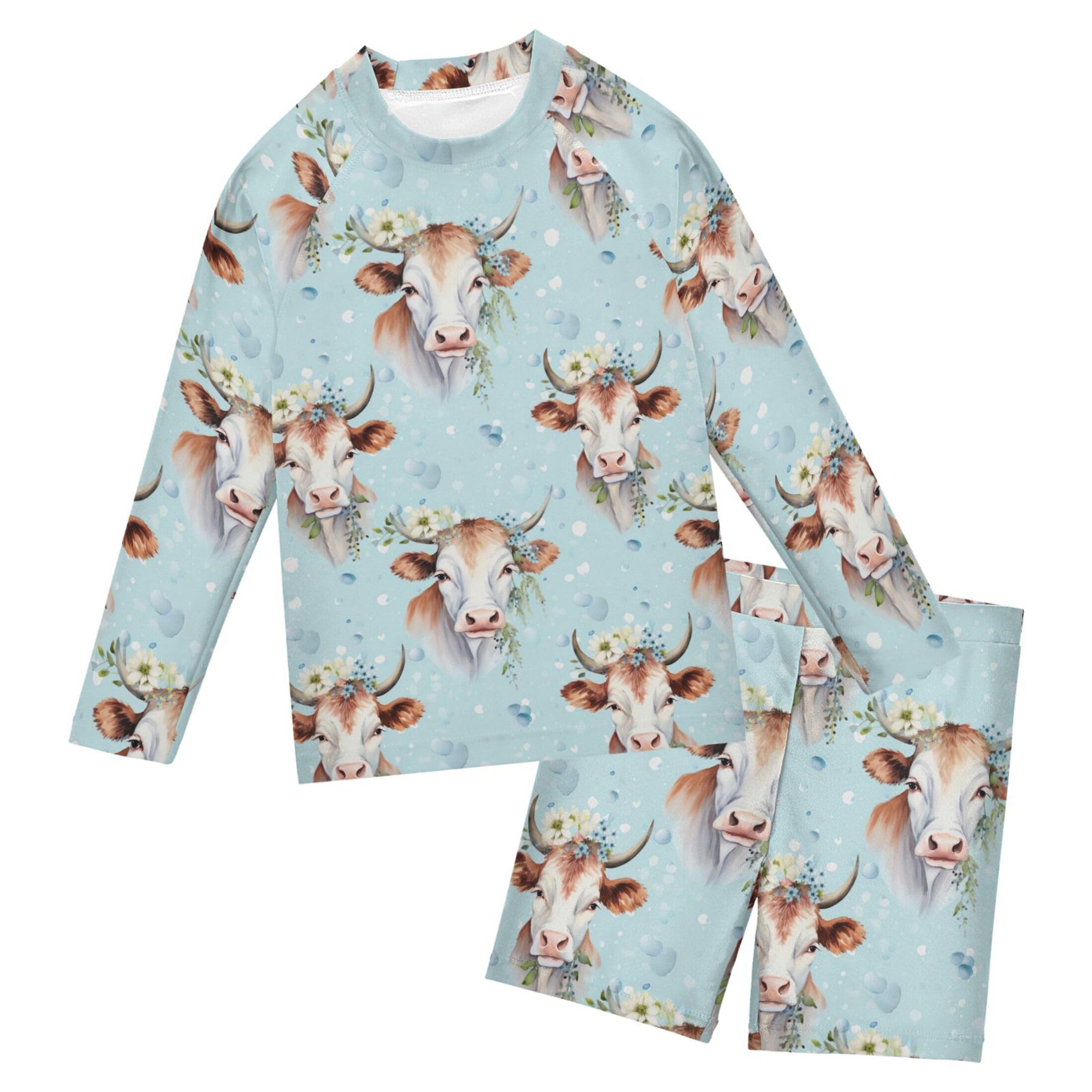 Cow Ox Flowers Boys Rash Guard Swimsuits Set for Boys Long Sleeve Swim Shirts Bathing Suits with Trunks B0402772