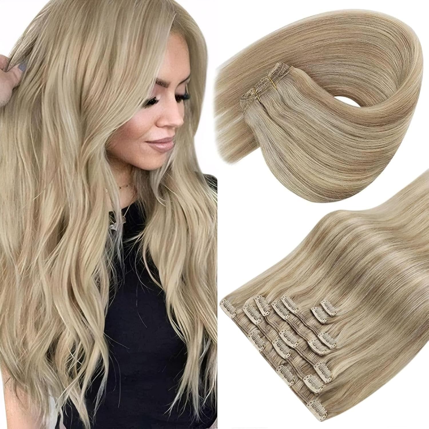 Sunny Hair 18" Remy Human Hair Clip-In Extensions 120g - Dark Golden Blonde Highlights Light Blonde for Women
