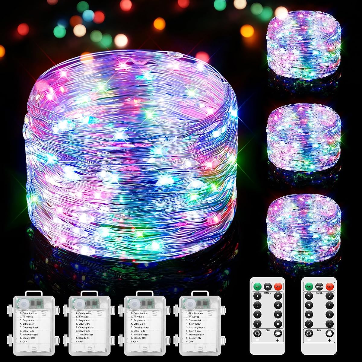 Lakumu 4-Pack 33Ft 100 Led Fairy Lights Battery Operated, Remote Control String