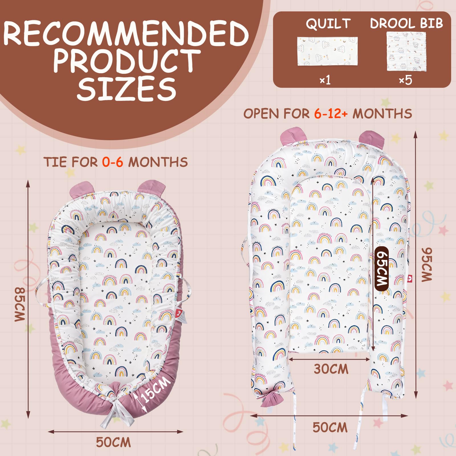 Huracan Nido de bebé recién nacido, 0 – 12 meses, 100% algodón, doble cara y lavable, con manta de 85 x 85 cm y 5 paños de muselina, portátil, regalo para bebé