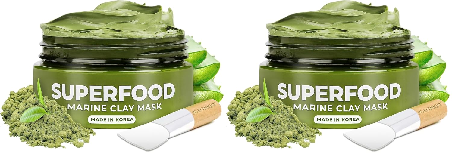 PLANTIFIQUE Korean Skincare Clay Mask – Hydrating Mud Mask with Avocado & Superfoods, Dermatologist-Tested for Face & Body – Vegan, 3.4 Oz/100ml (Pack of 2)