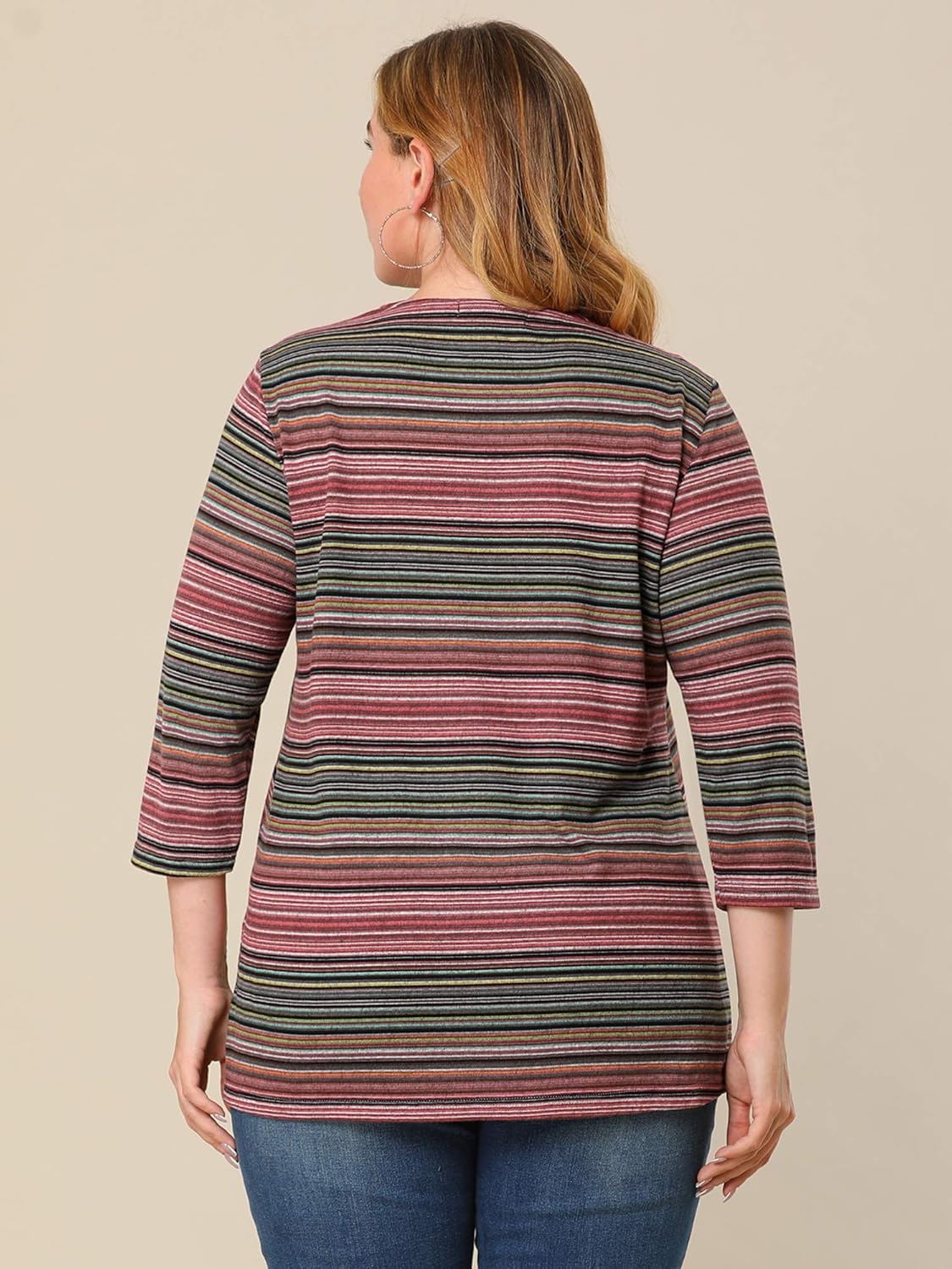 Agnes Orinda Plus Size Tops for Women 3/4 Sleeve Knit Striped Dressy Casual Blouse Asymmetric Neck Fashion t Shirt