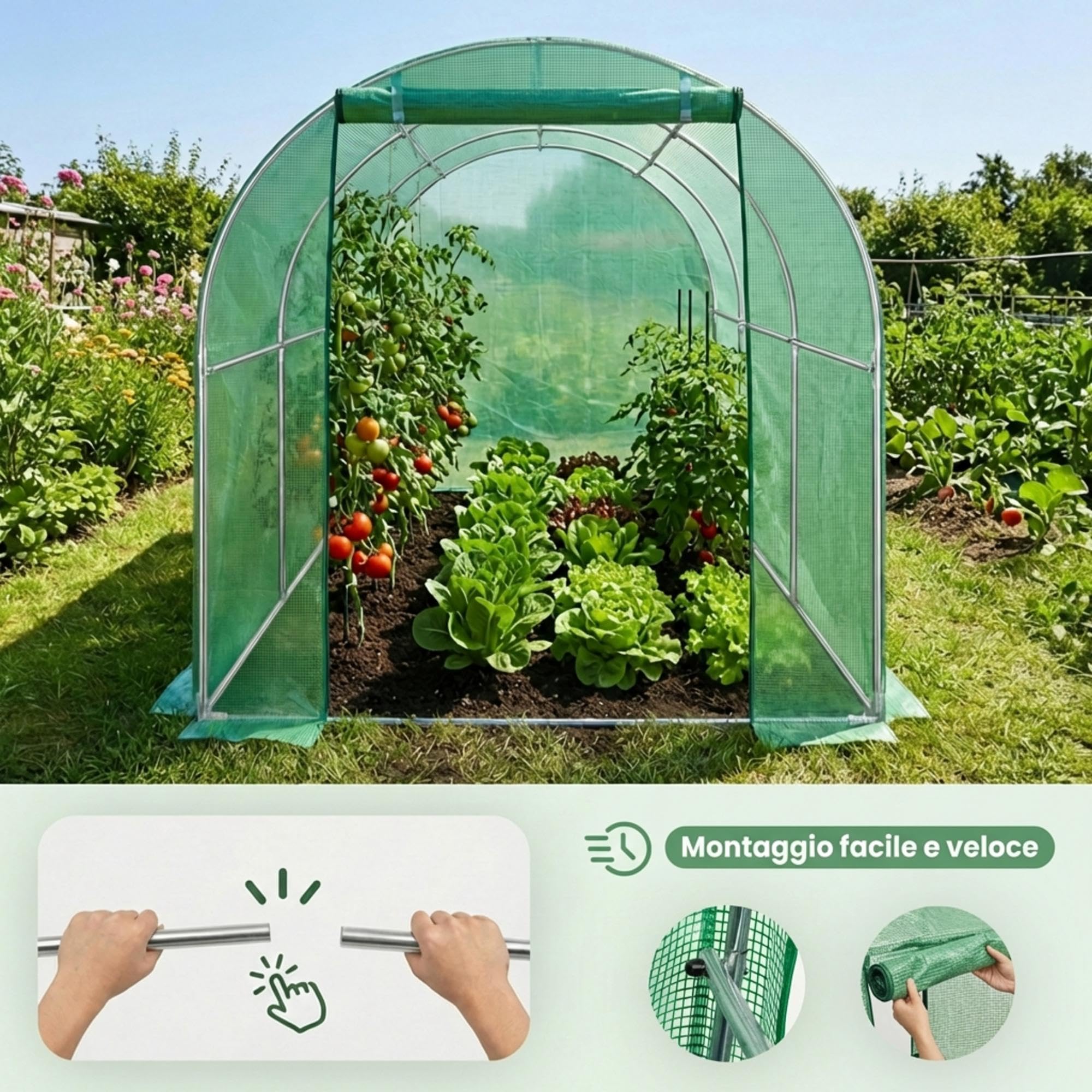 AKORD Invernadero de Túnel para Jardín con Estructura de Acero Galvanizado y Película de PE, 6 Ventanas y 1 Puerta, 200x300x200 cm, Verde