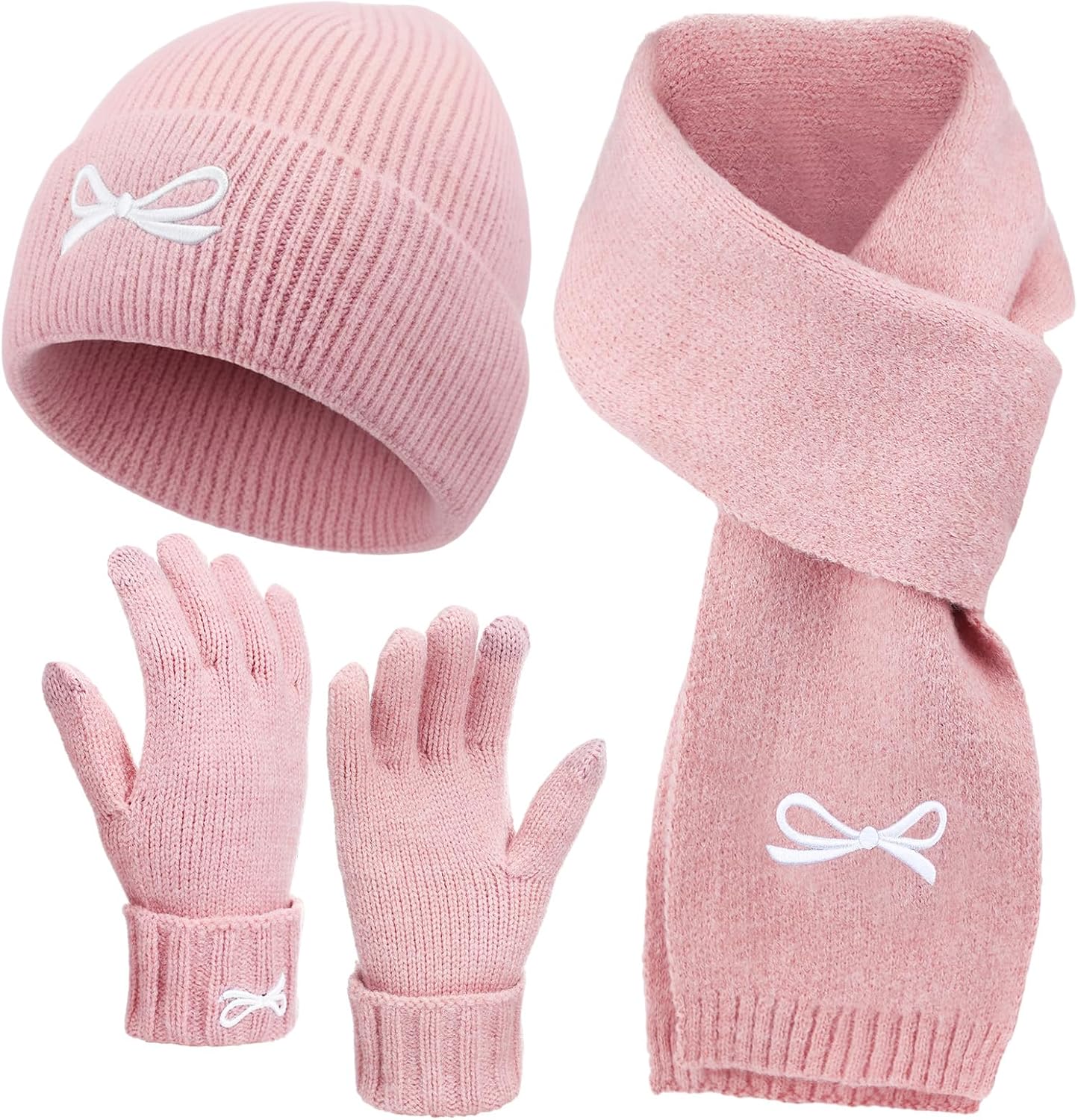 Jecery 3 Pcs Pink Bow Beanie Hats Scarf Gloves Knit Set for Women Beanie Long Neck Warmer Winter Touchscreen Gloves Coquette Aesthetic Knit Gifts for Women Cold Weather Winter