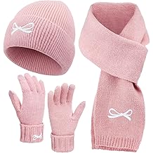 3 Pcs Pink Bow Beanie Hats Scarf Gloves Knit Set for Women Beanie Long Neck Warmer Winter Touchscreen Gloves Coquette Aesthetic Knit Gifts for Women Cold Weather Winter